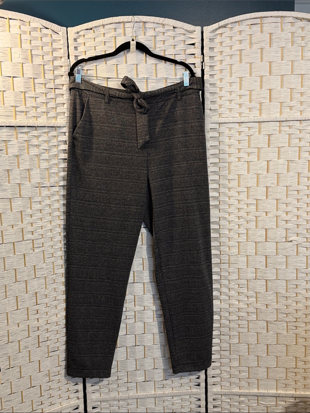 Women's Gray Ankle Dress Pants with Self-Tie Waist